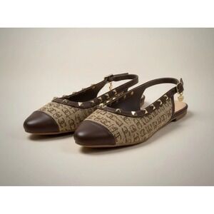 Juicy Couture Poetry Slingback Flats 6.5 Brown JC Monogram Logo Studded Charm
